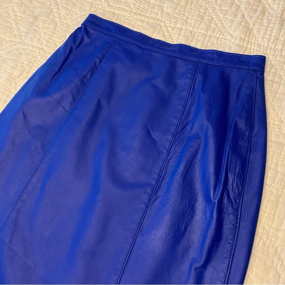 Vintage 90s Y2k COMINT Royal Blue Leather Mini Skirt S 27” - Picture 3 of 10